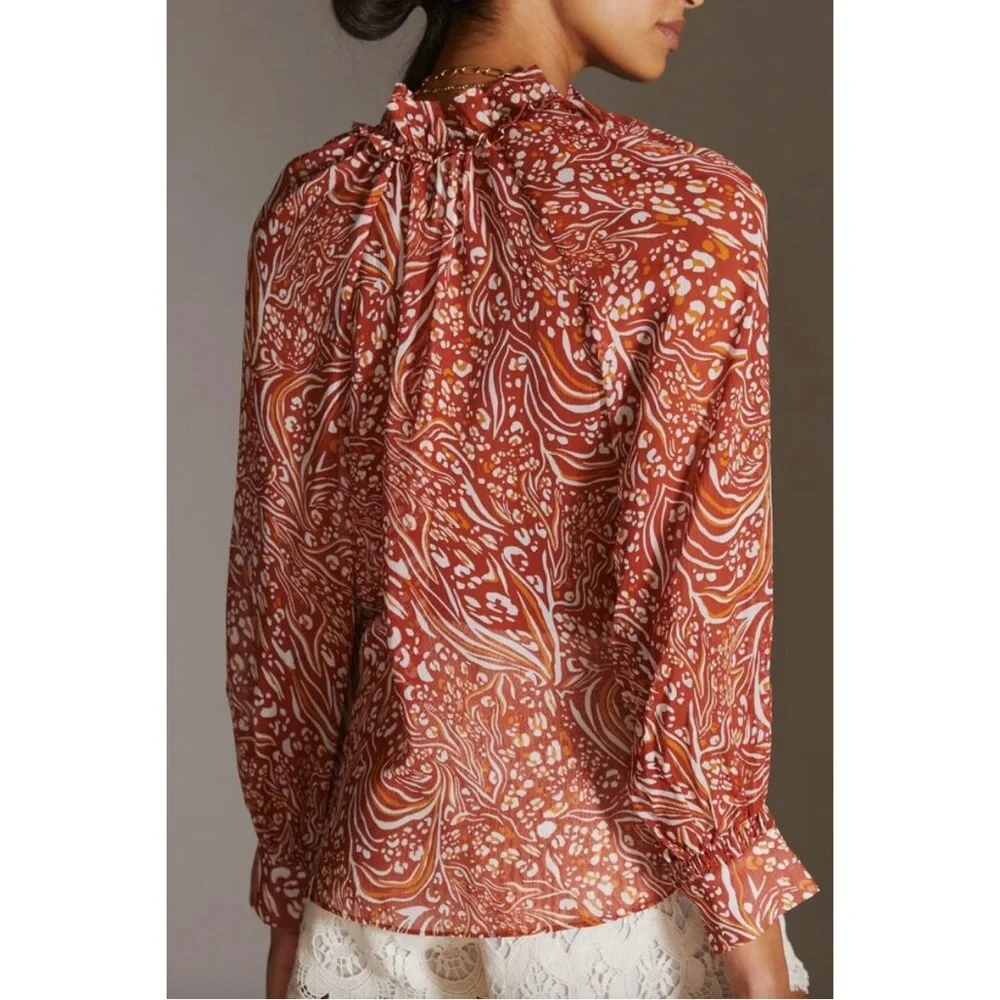 Anthropologie Sheer‎ Printed Peasant Blouse in Orange & White Abstract Print